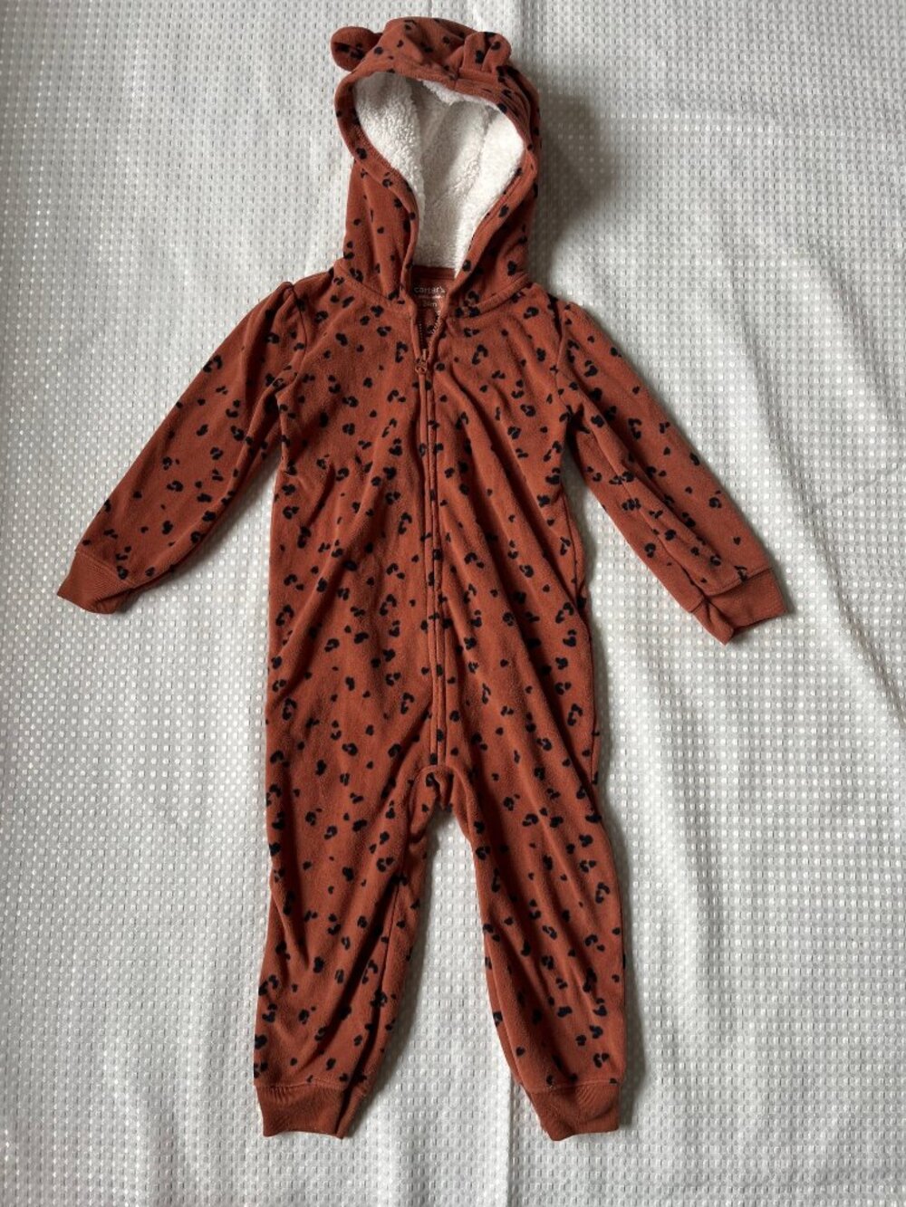 Carter's 24M Rust Leopard Fleece Hooded Jumpsuit EUC